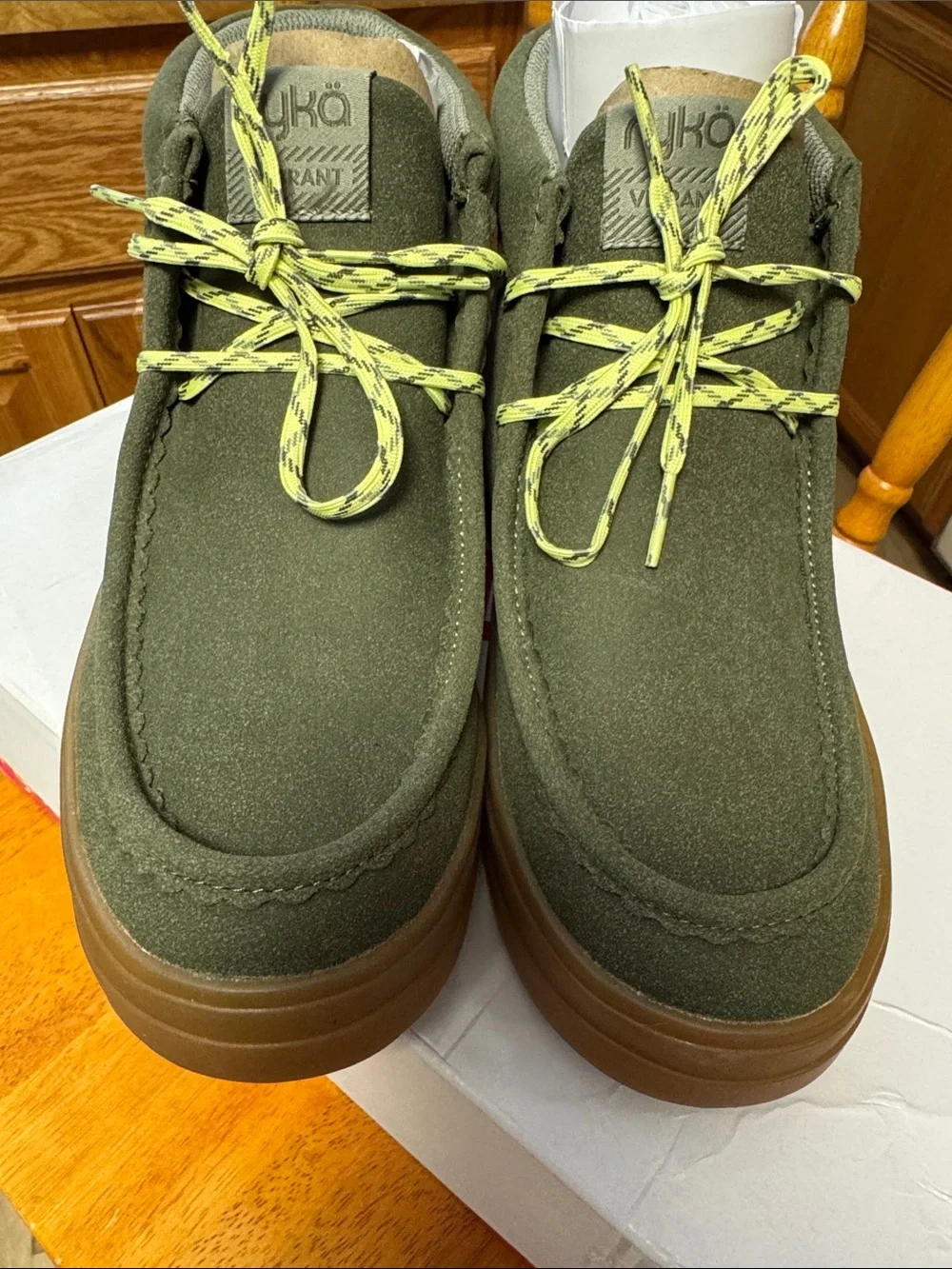 Ryka NWB 7M Olive Green ankle boots with Gum Sole Neon Laces